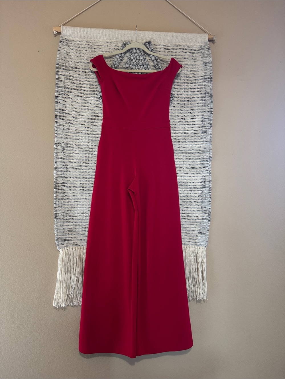 Express Off-Shoulder Wide-Leg Jumpsuit in Deep Red